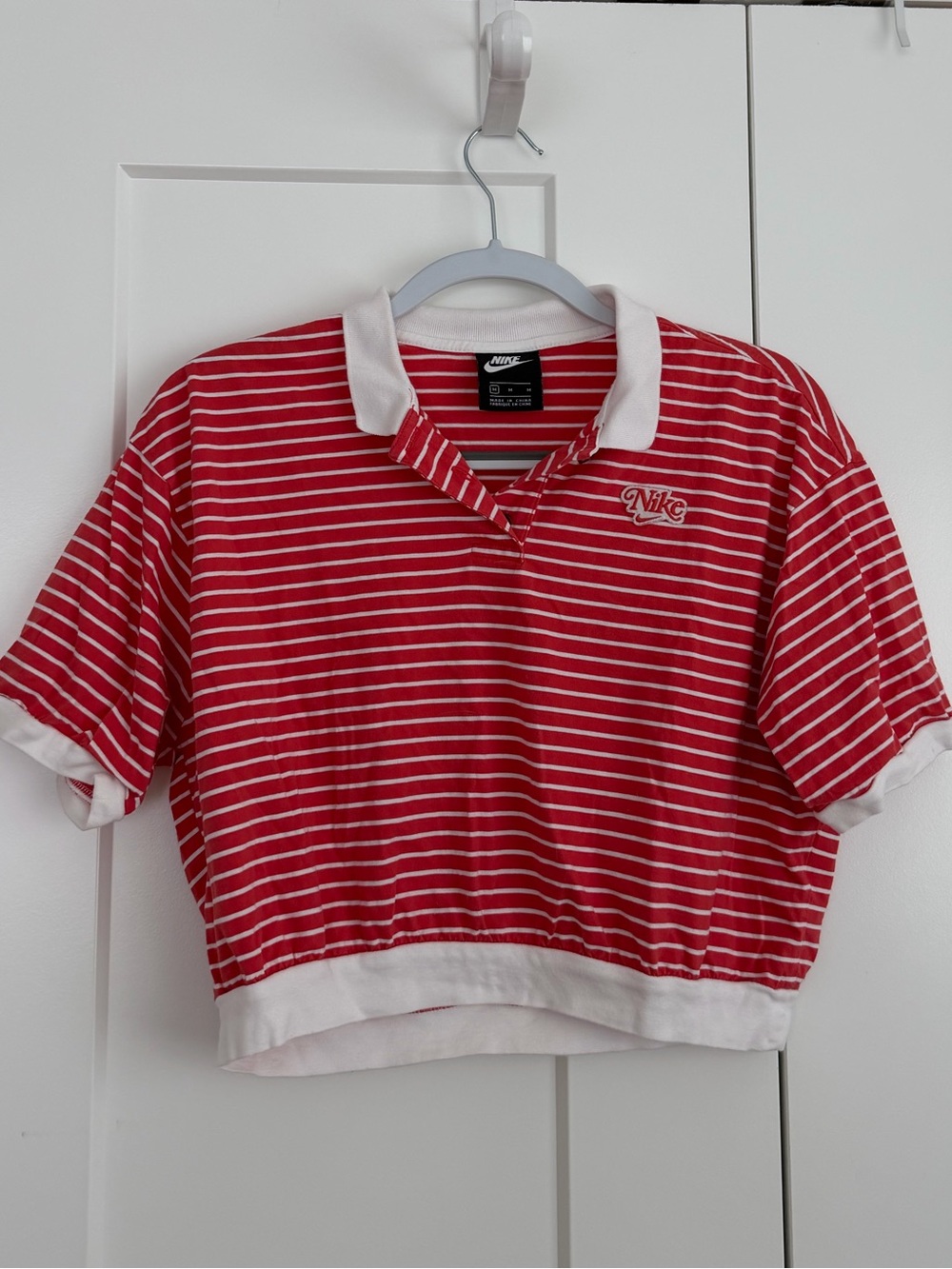 Nike Red White Striped Cropped Polo Shirt Retro Sporty Top